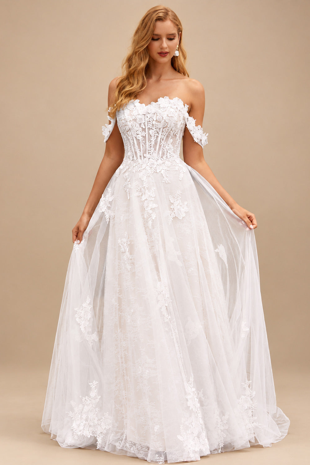 Rutipo Ivory/Champagne A-line 3D Lace Floral Applique Off-the-Shoulder Wedding Dress with Court Train Skirt