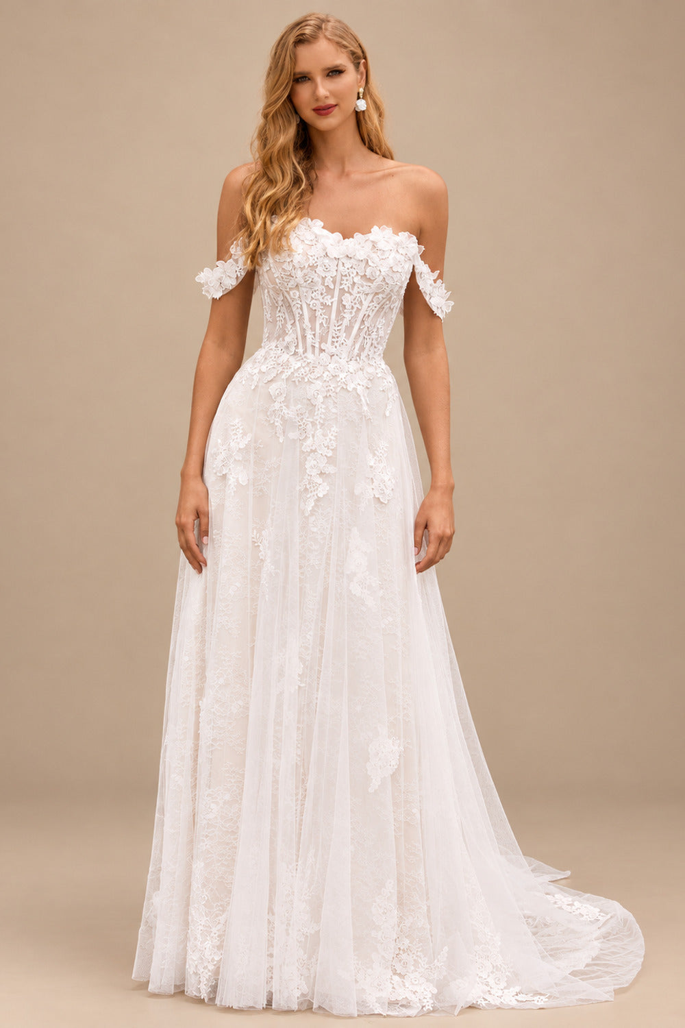 Rutipo Ivory/Champagne A-line 3D Lace Floral Applique Off-the-Shoulder Wedding Dress with Court Train Skirt