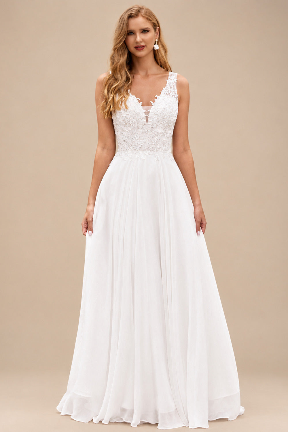 Rutipo Ivory A-line Chiffon Lace Illusion Bodice Wedding Dress with Keyhole Back