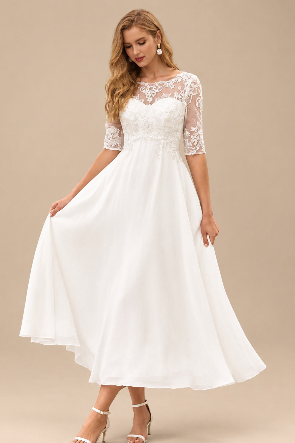 Rutipo Ivory A-line Bateau Half Sleeve Tea-Length Chiffon Wedding Dress with Lace