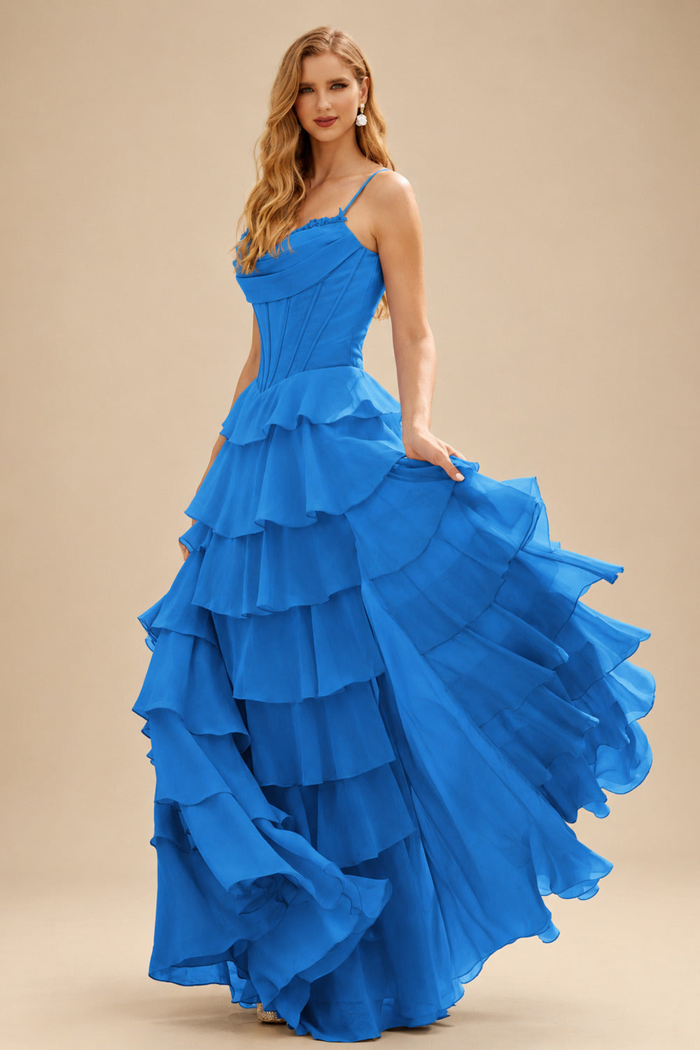 Rutipo Ocean Blue A-line Cowl Neck Chiffon Satin Layered Ruffle Prom Dress with Applique Slit
