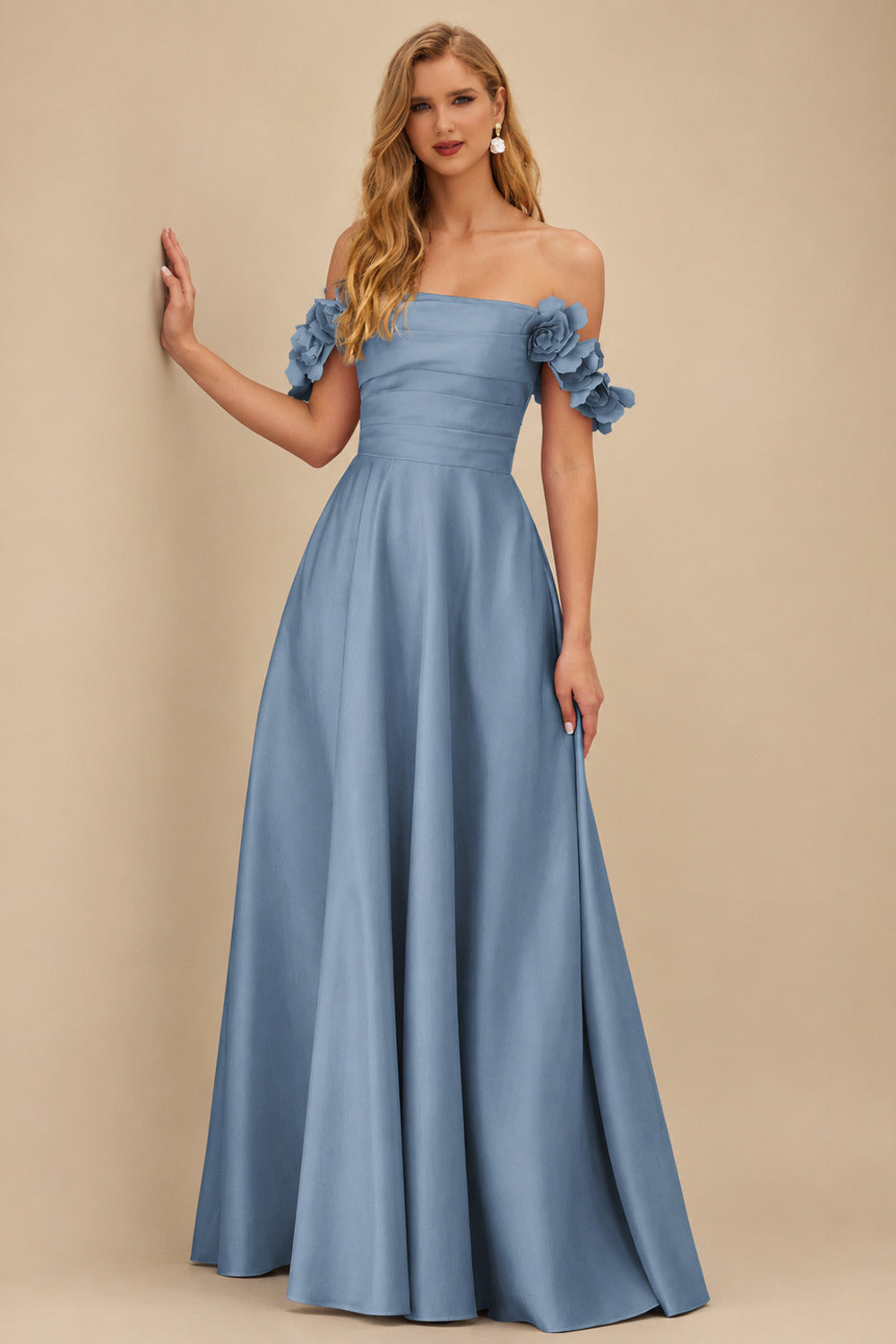 Rutipo Dusty Blue A-line 3D Floral Straps Off-the-Shoulder Prom Dress with Pockets
