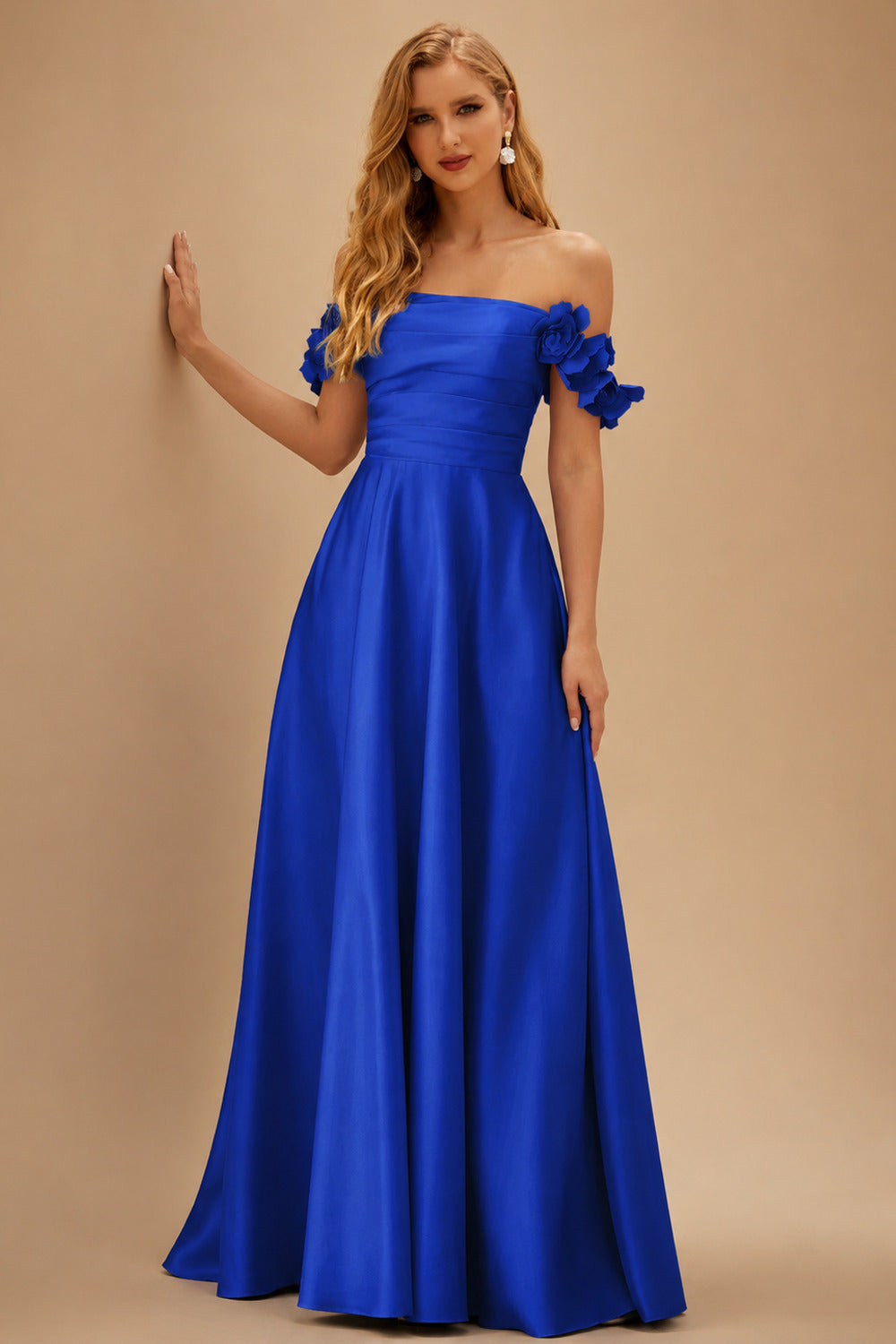 Rutipo Royal Blue A-line 3D Floral Straps Off-the-Shoulder Prom Dress with Pockets