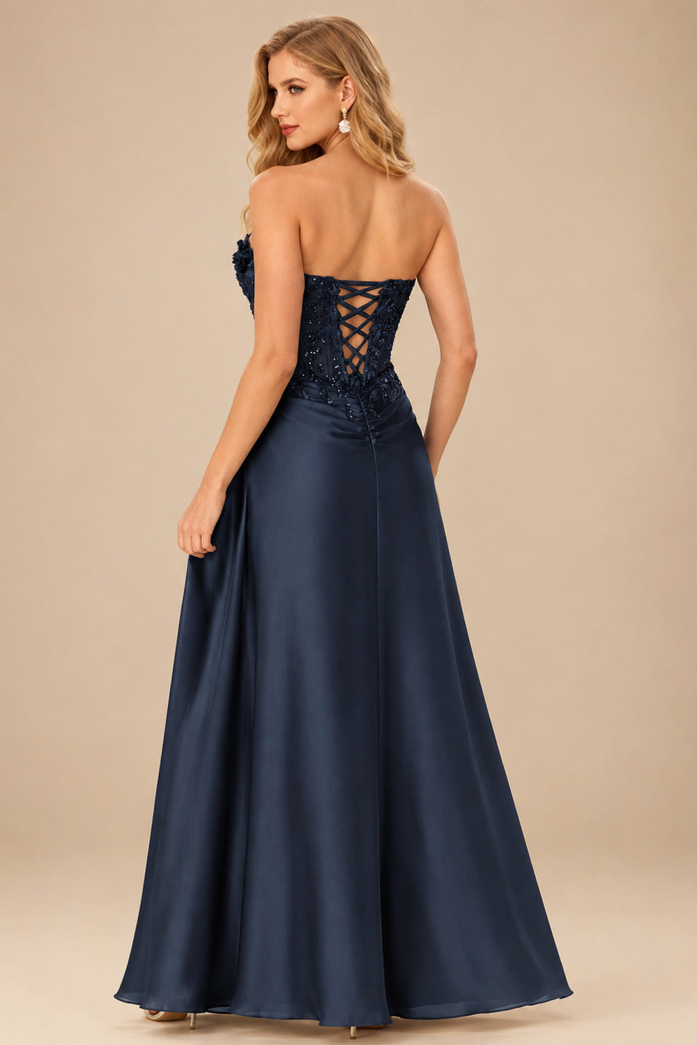 Rutipo Dark Navy Strapless 3D Floral Beaded Corset Mini Homecoming Dress with Side Draping