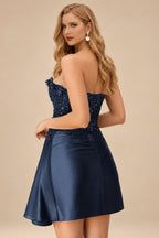 Rutipo Dark Navy Strapless 3D Floral Beaded Corset Mini Homecoming Dress with Side Draping