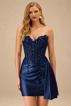 Rutipo Dark Navy Strapless 3D Floral Beaded Corset Mini Homecoming Dress with Side Draping