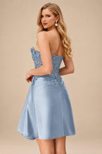 Rutipo Dusty Blue Strapless 3D Floral Beaded Corset Mini Homecoming Dress with Side Draping