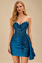 Rutipo Ink Blue Strapless 3D Floral Beaded Corset Mini Homecoming Dress with Side Draping