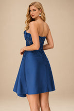 Rutipo Navy Blue Strapless 3D Floral Beaded Corset Mini Homecoming Dress with Side Draping