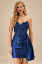 Rutipo Navy Blue Strapless 3D Floral Beaded Corset Mini Homecoming Dress with Side Draping