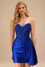 Rutipo Royal Blue Strapless 3D Floral Beaded Corset Mini Homecoming Dress with Side Draping