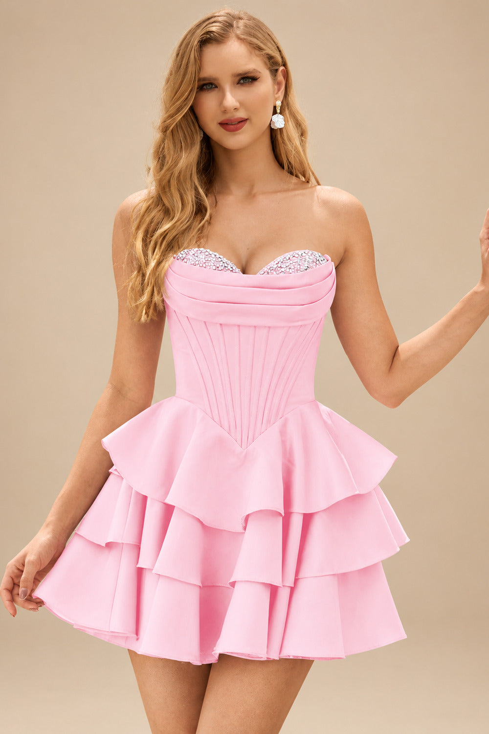 Rutipo Blushing Pink A-line Crystal Strapless Corset Satin Tiered Ruffle Homecoming Dress