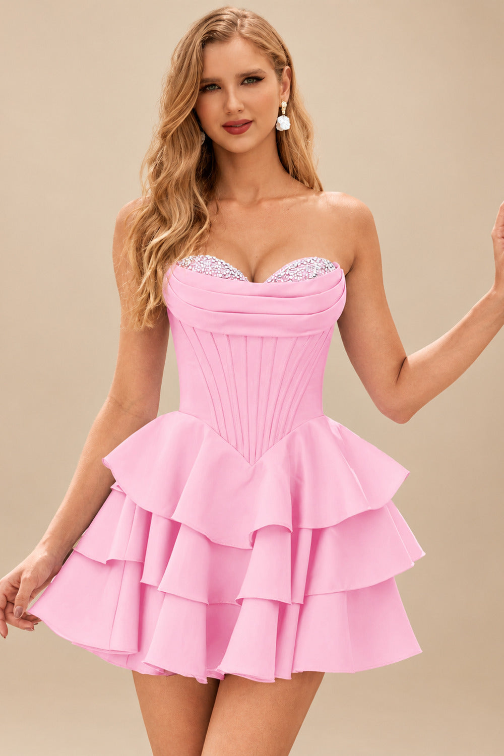 Rutipo Candy Pink A-line Crystal Strapless Corset Satin Tiered Ruffle Homecoming Dress