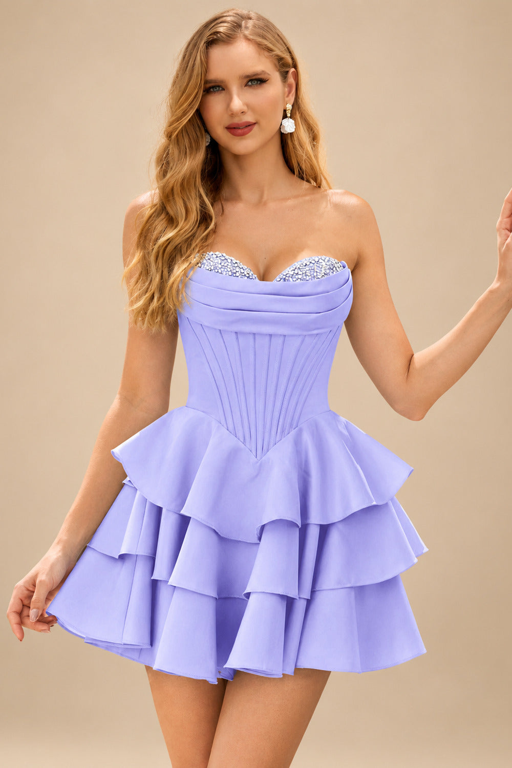 Rutipo Lavender A-line Crystal Strapless Corset Satin Tiered Ruffle Homecoming Dress