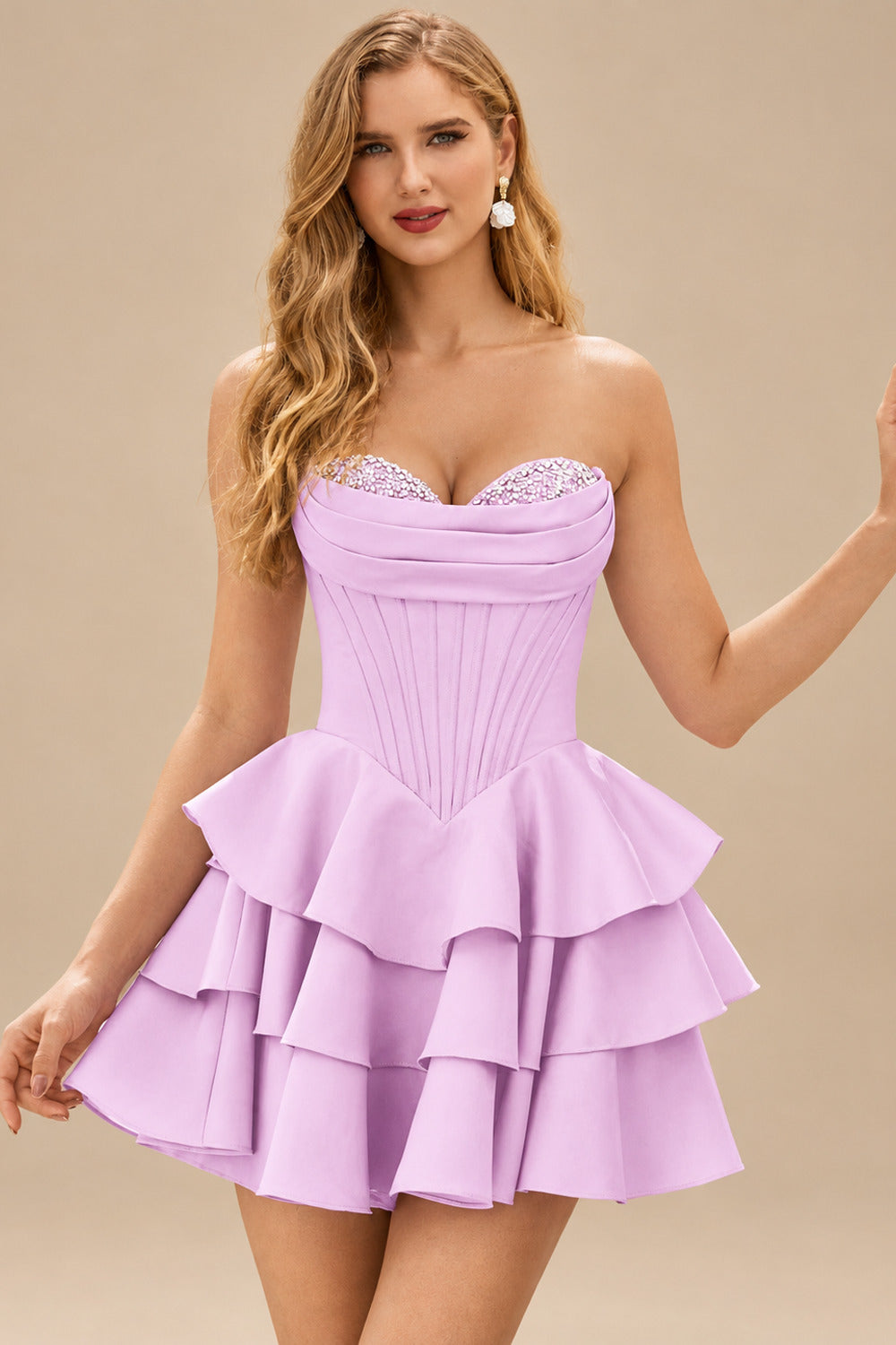 Rutipo Light Pink A-line Crystal Strapless Corset Satin Tiered Ruffle Homecoming Dress