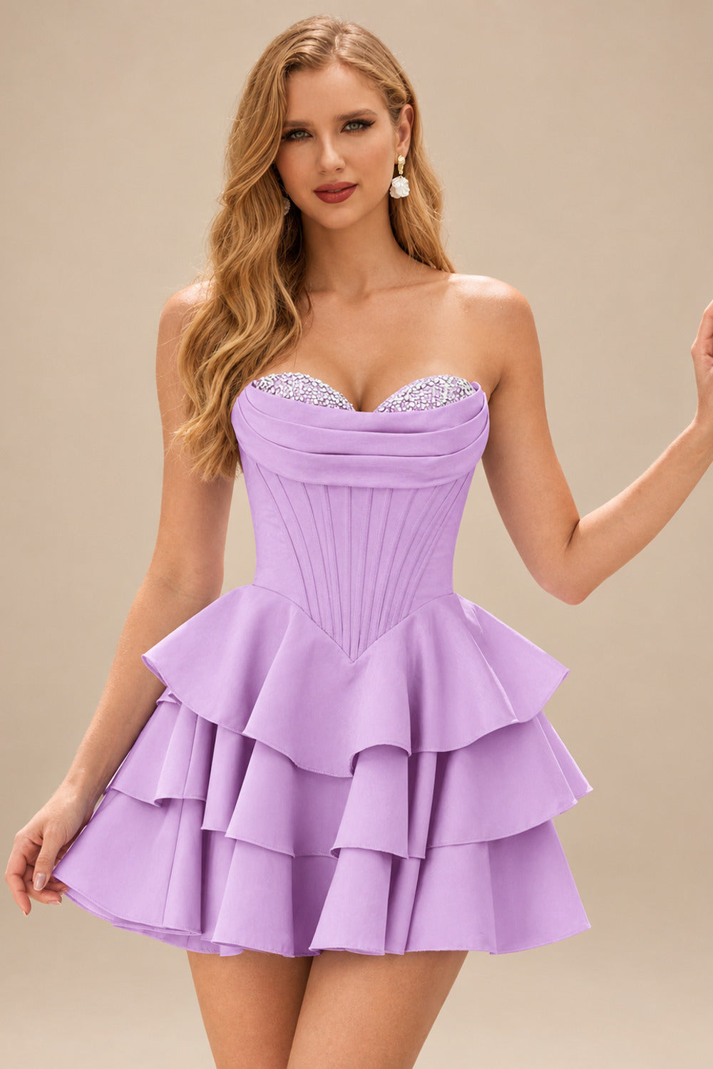 Rutipo Lilac A-line Crystal Strapless Corset Satin Tiered Ruffle Homecoming Dress