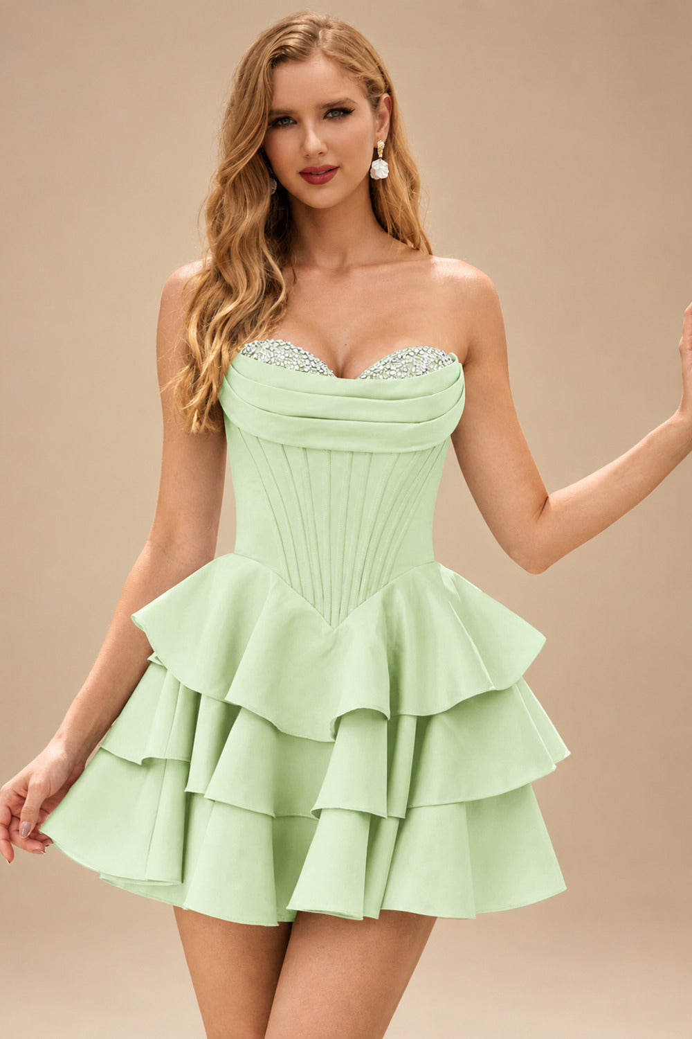Rutipo Sage A-line Crystal Strapless Corset Satin Tiered Ruffle Homecoming Dress