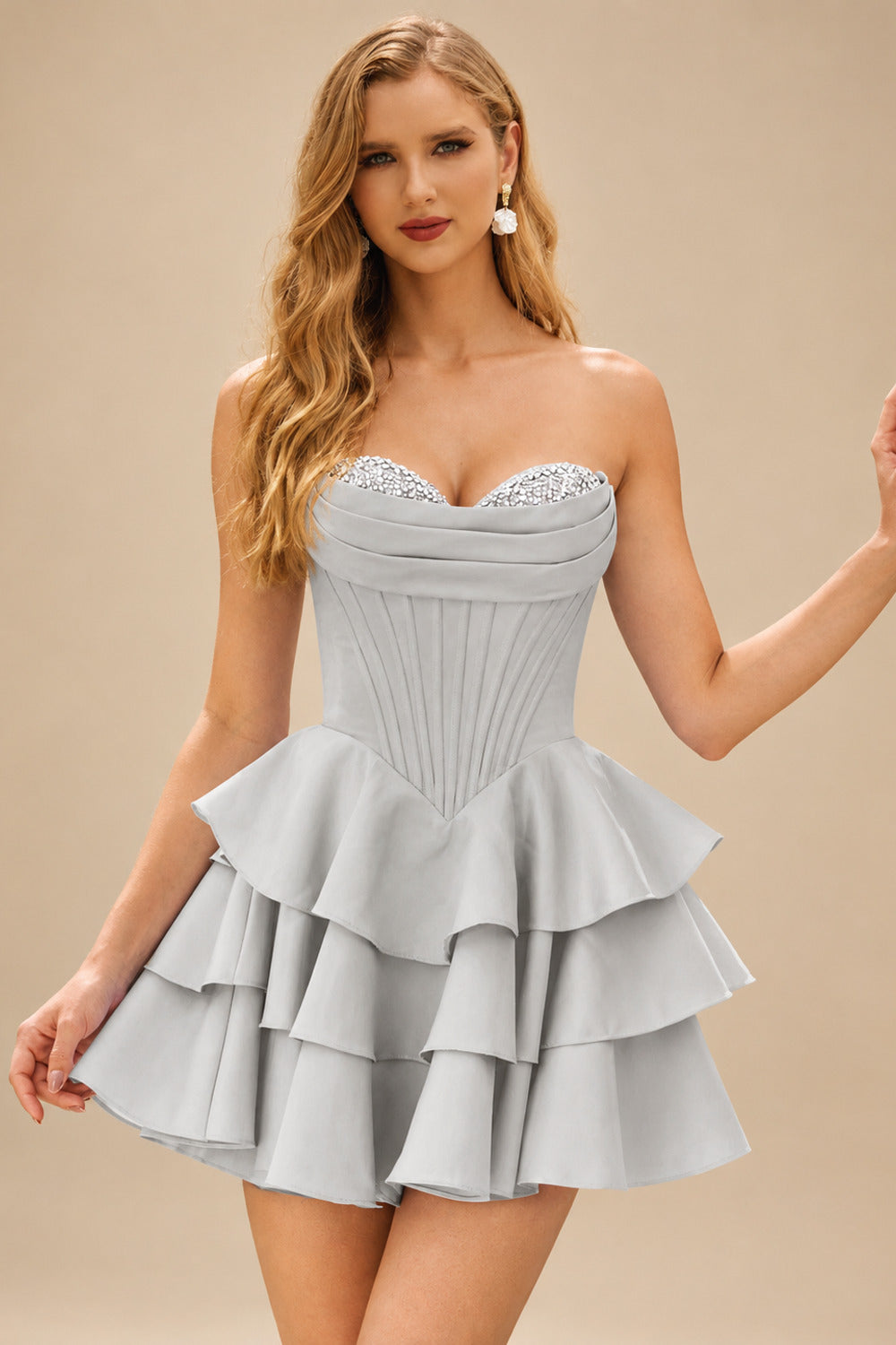 Rutipo Silver A-line Crystal Strapless Corset Satin Tiered Ruffle Homecoming Dress