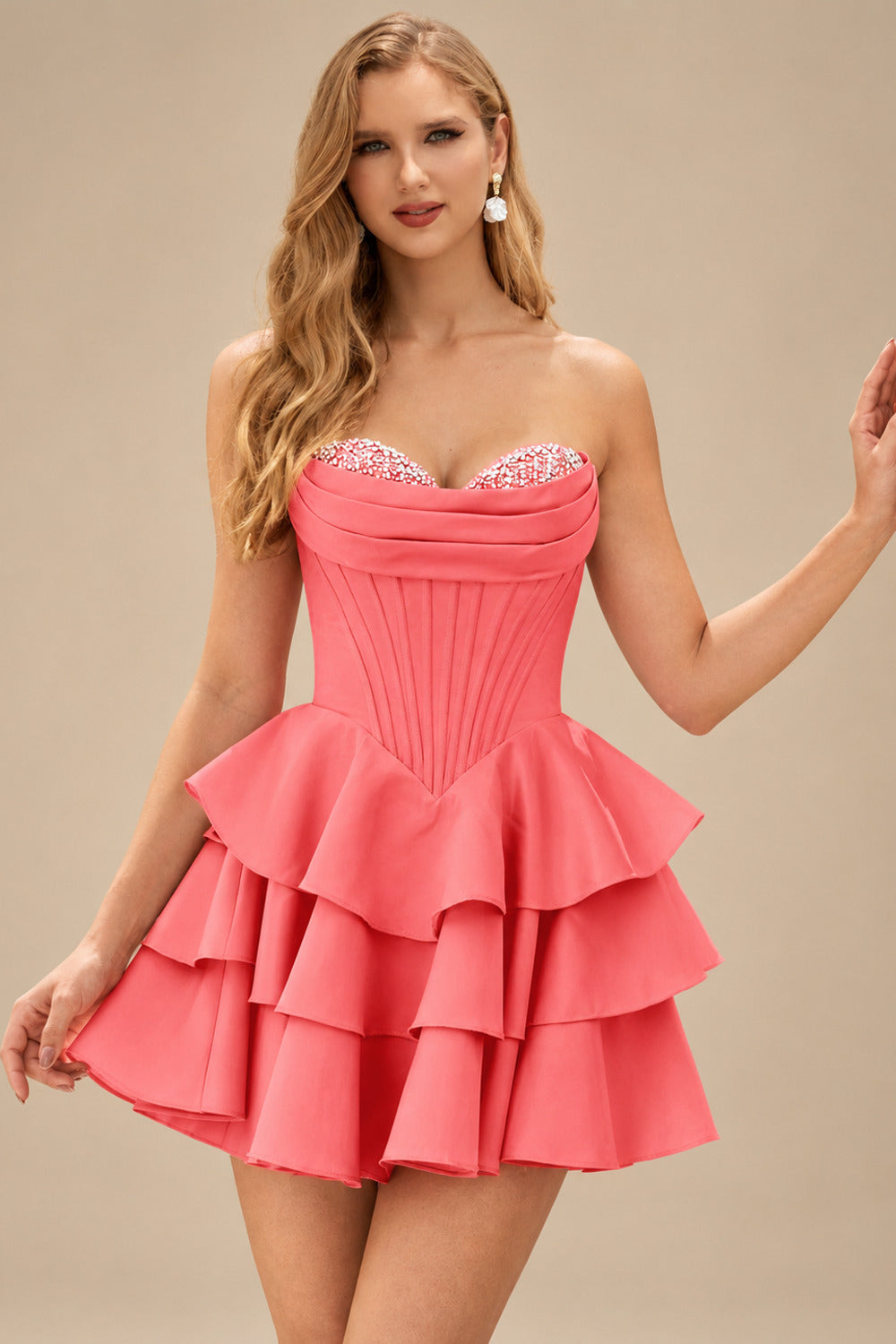 Rutipo Watermelon A-line Crystal Strapless Corset Satin Tiered Ruffle Homecoming Dress