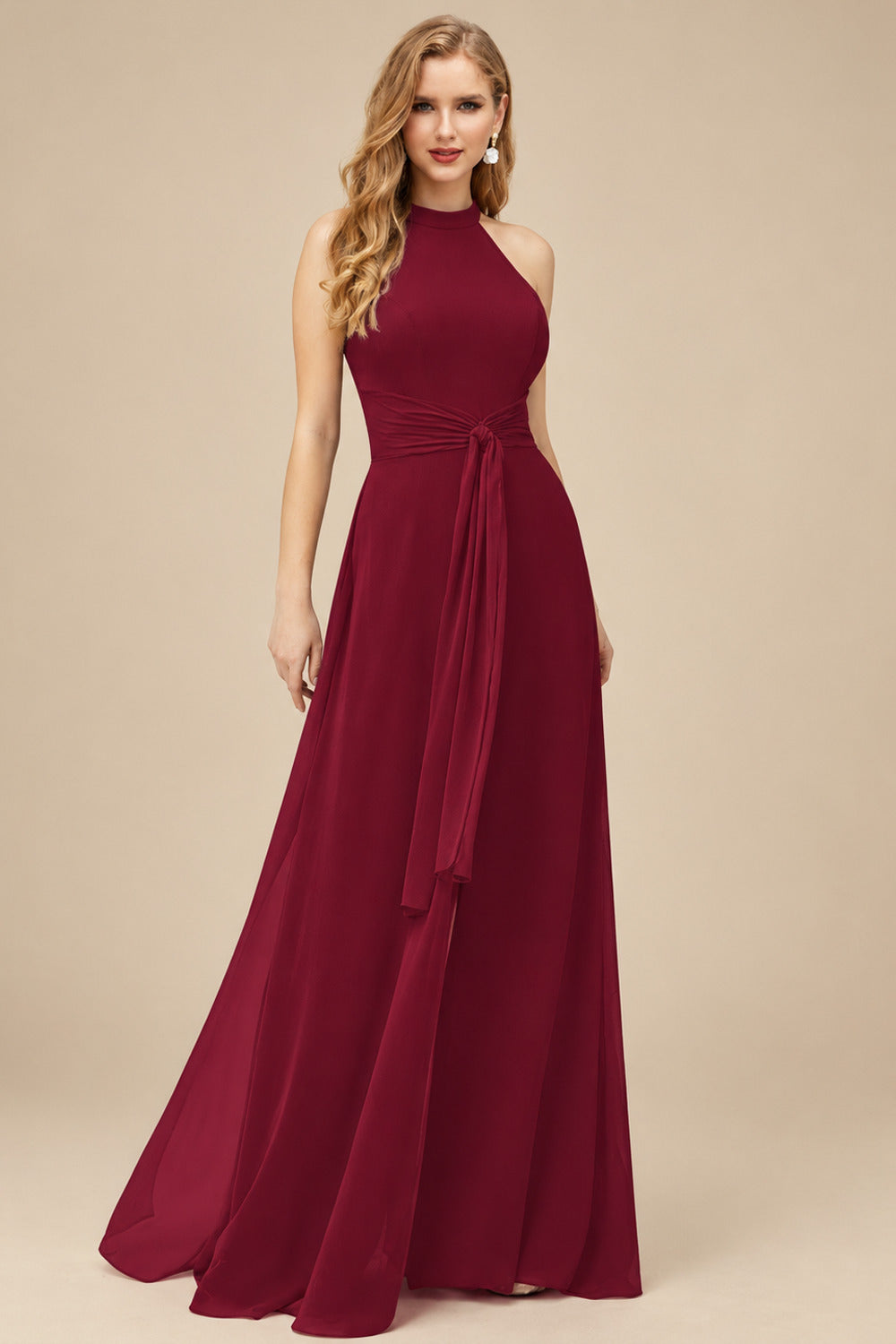 Rutipo Burgundy Jumpsuit/Pantsuit High Neck Bridesmaid Dresses With Cascading Ruffles