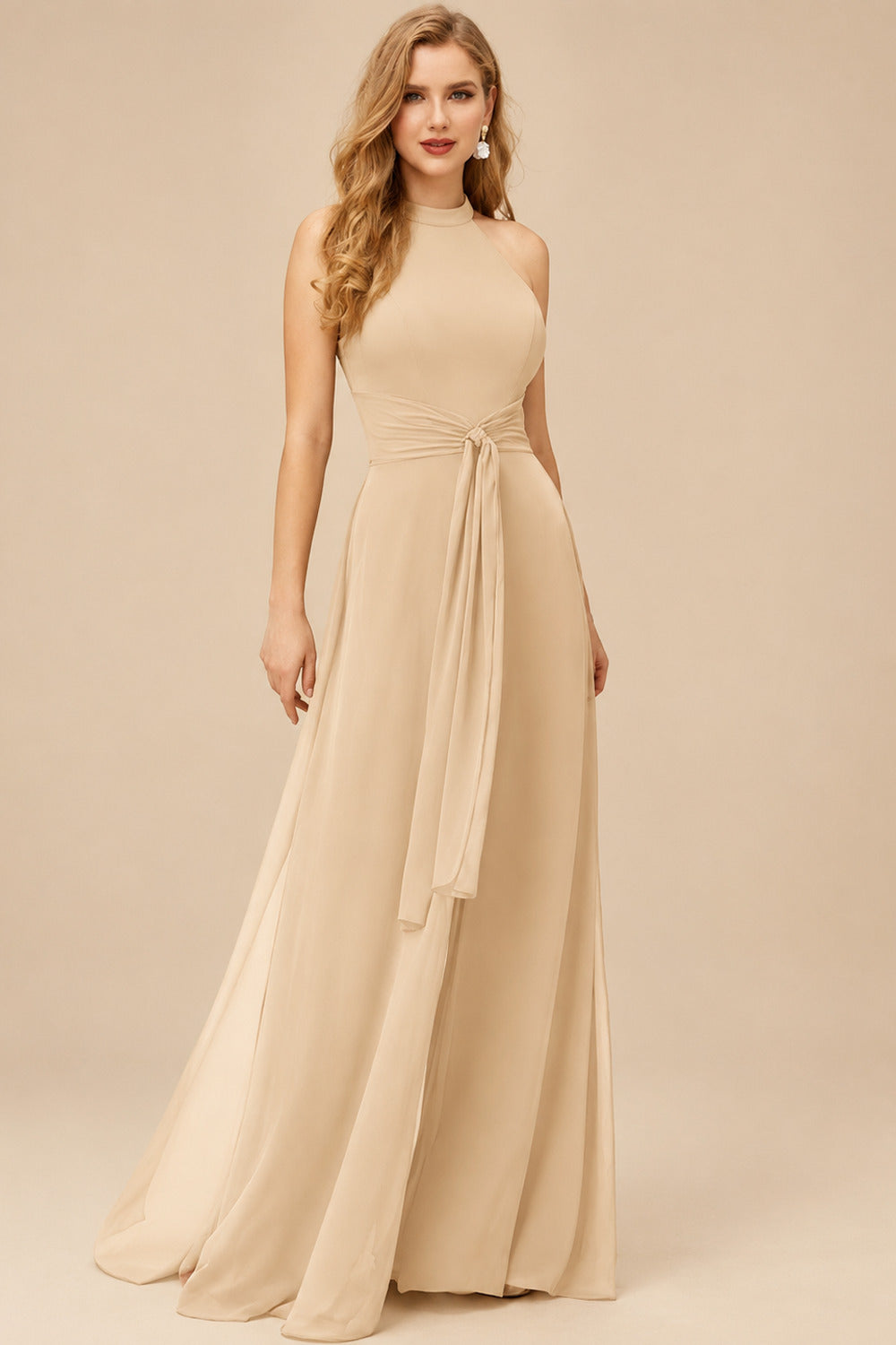 Rutipo Champagne Jumpsuit/Pantsuit High Neck Bridesmaid Dresses With Cascading Ruffles