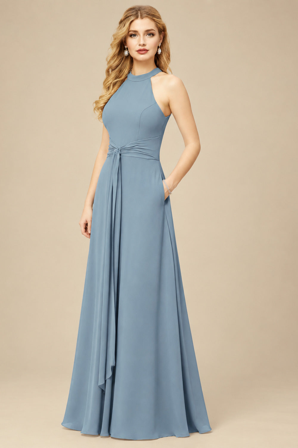 Rutipo Dusty Blue Jumpsuit/Pantsuit High Neck Bridesmaid Dresses With Cascading Ruffles