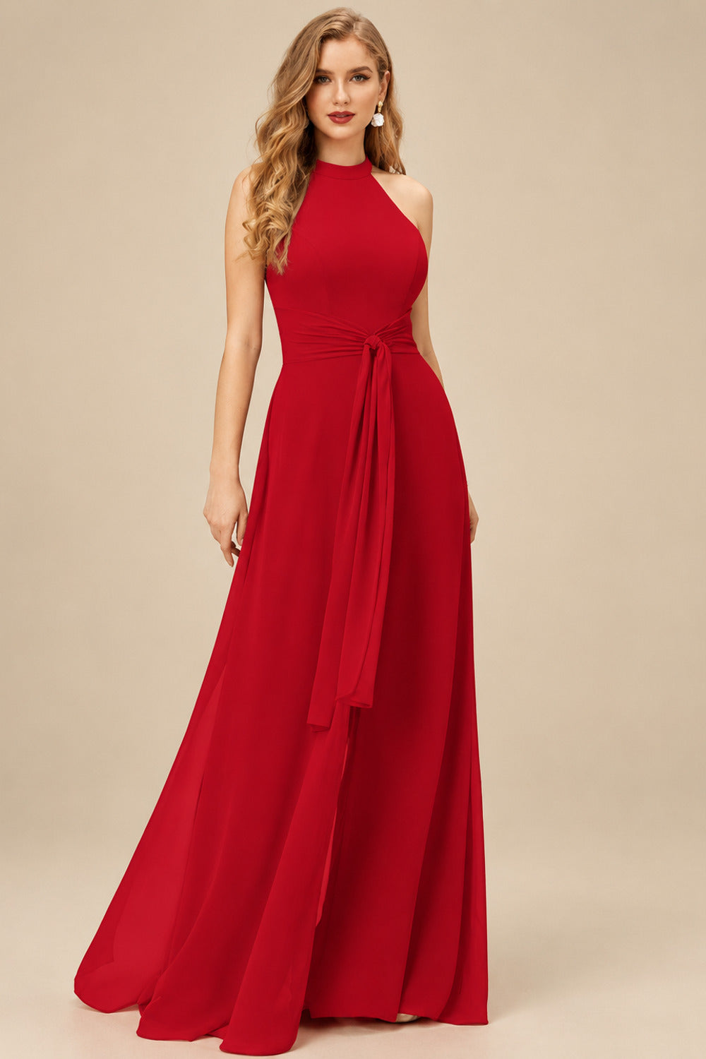 Rutipo Red Jumpsuit/Pantsuit High Neck Bridesmaid Dresses With Cascading Ruffles