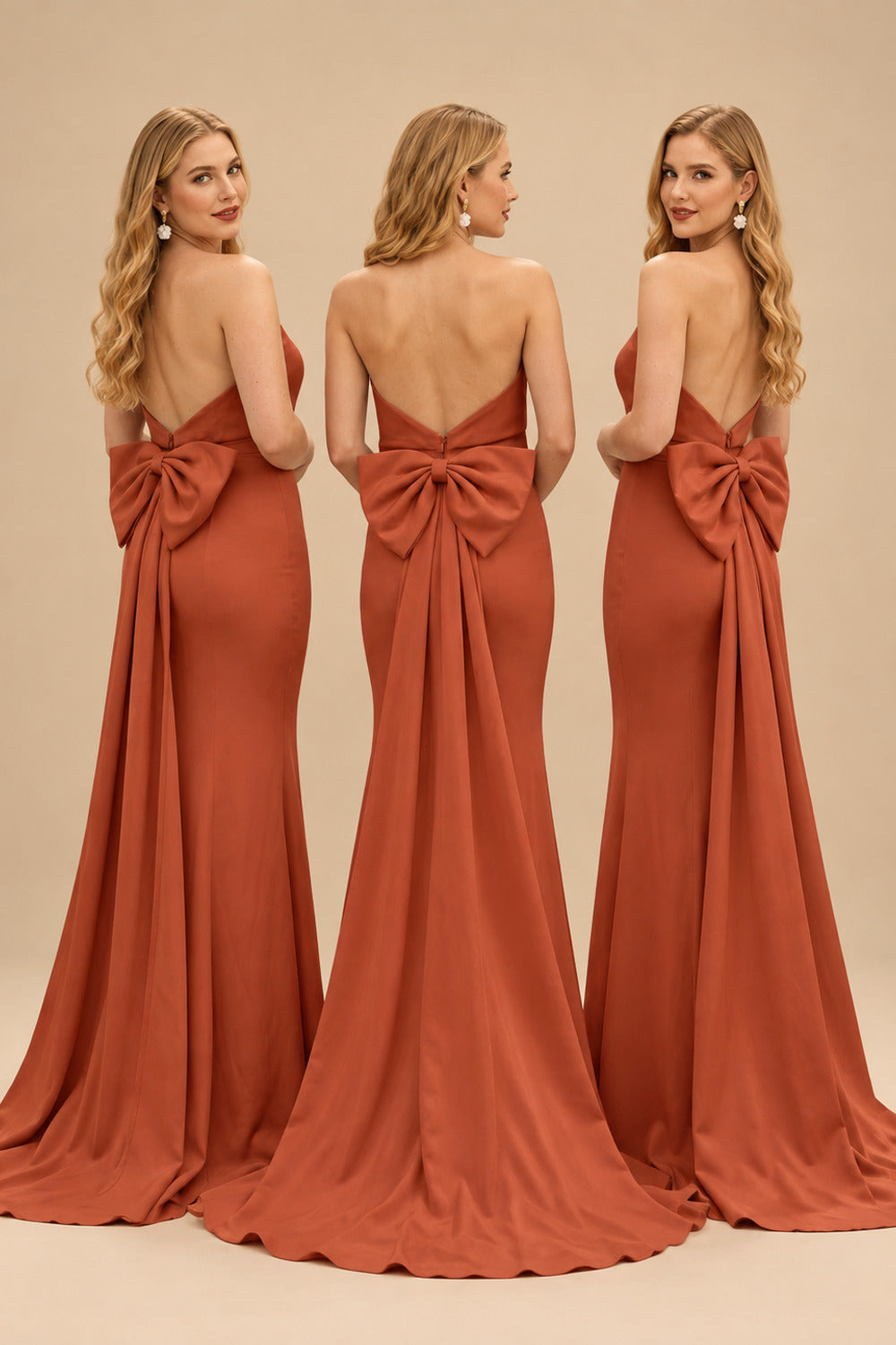 Rutipo Terracotta Open Back Strapless Sheath/Column Bridesmaid Dresses With Bow