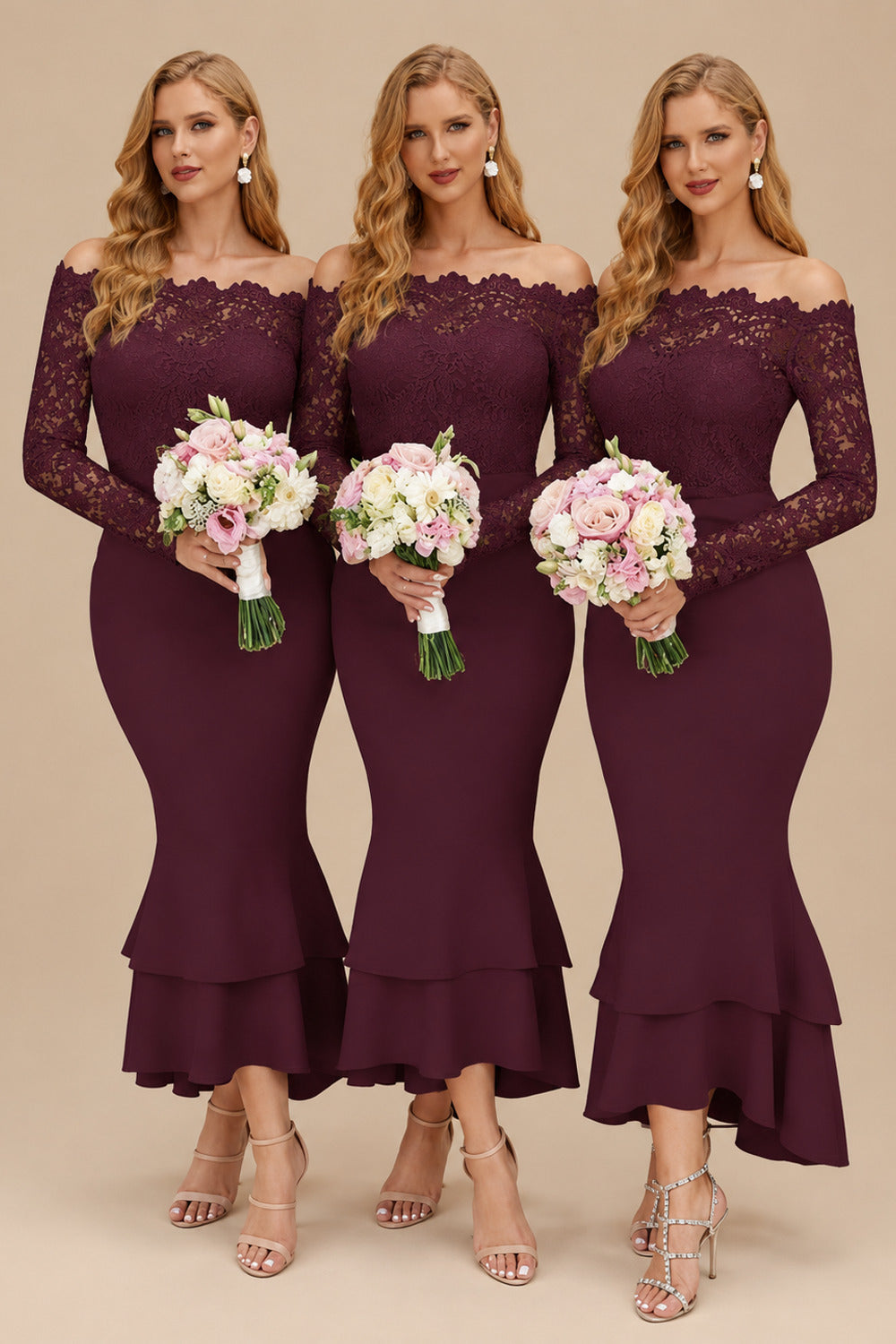 Rutipo Cabernet Trumpet/Mermaid Off-The-Shoulder Long Sleeves Lace/Satin Bridesmaid Dresses