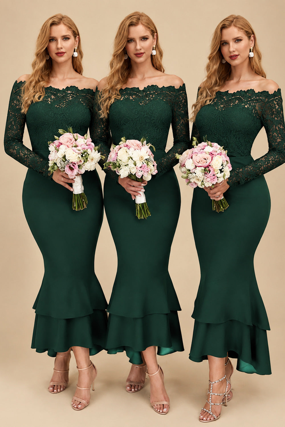 Rutipo Hunter Green Trumpet/Mermaid Off-The-Shoulder Long Sleeves Lace/Satin Bridesmaid Dresses