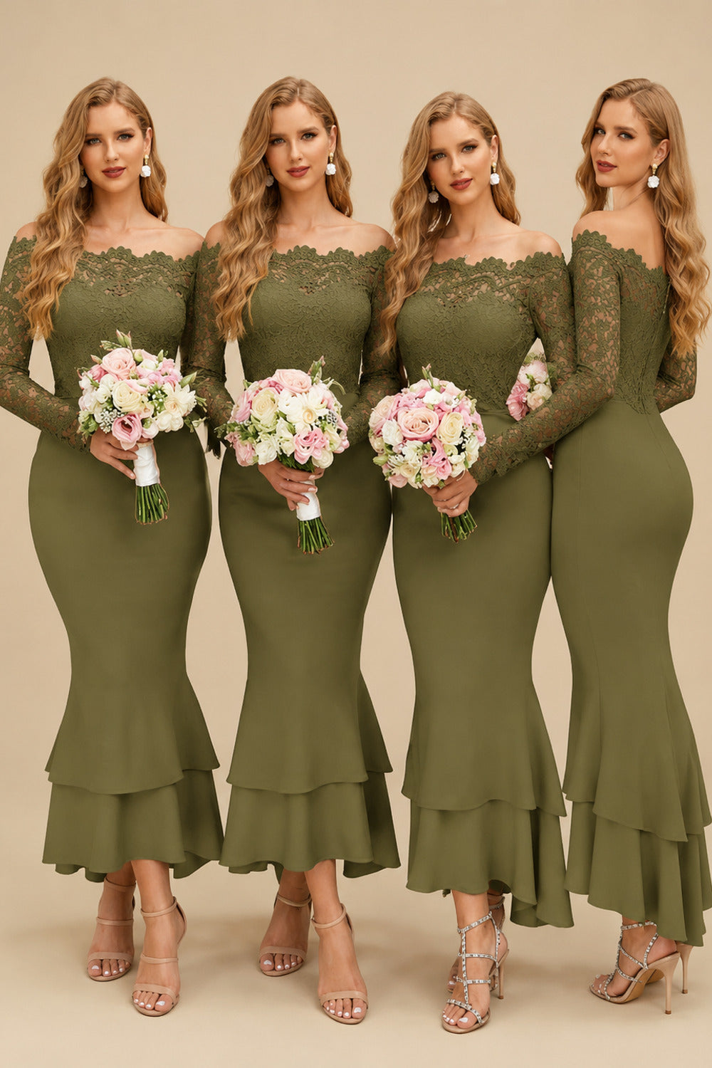 Rutipo Olive Green Trumpet/Mermaid Off-The-Shoulder Long Sleeves Lace/Satin Bridesmaid Dresses