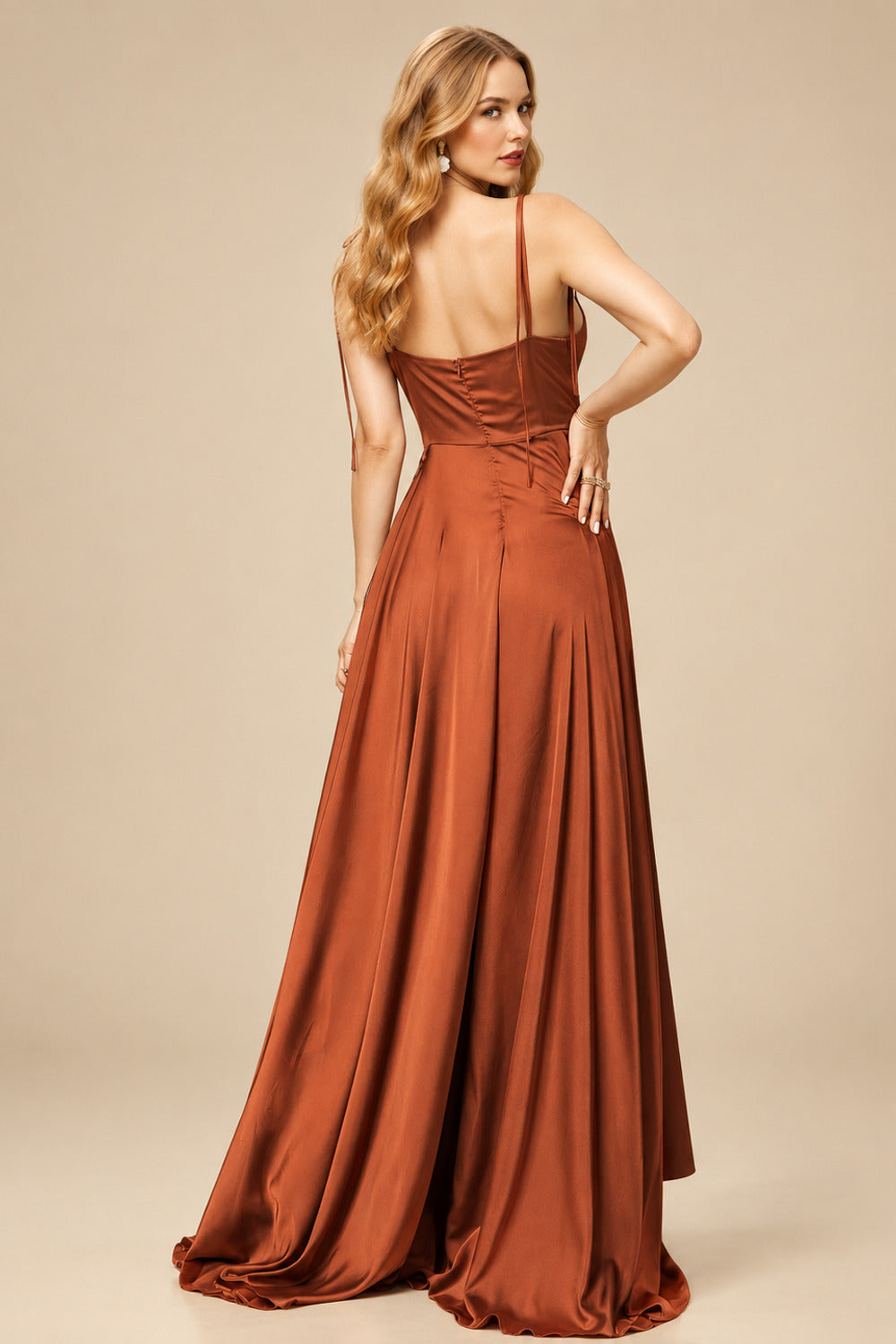 Rutipo As Picture Silk Like Satin A-Line Slit Bridesmaid Dresses With Spaghetti Straps