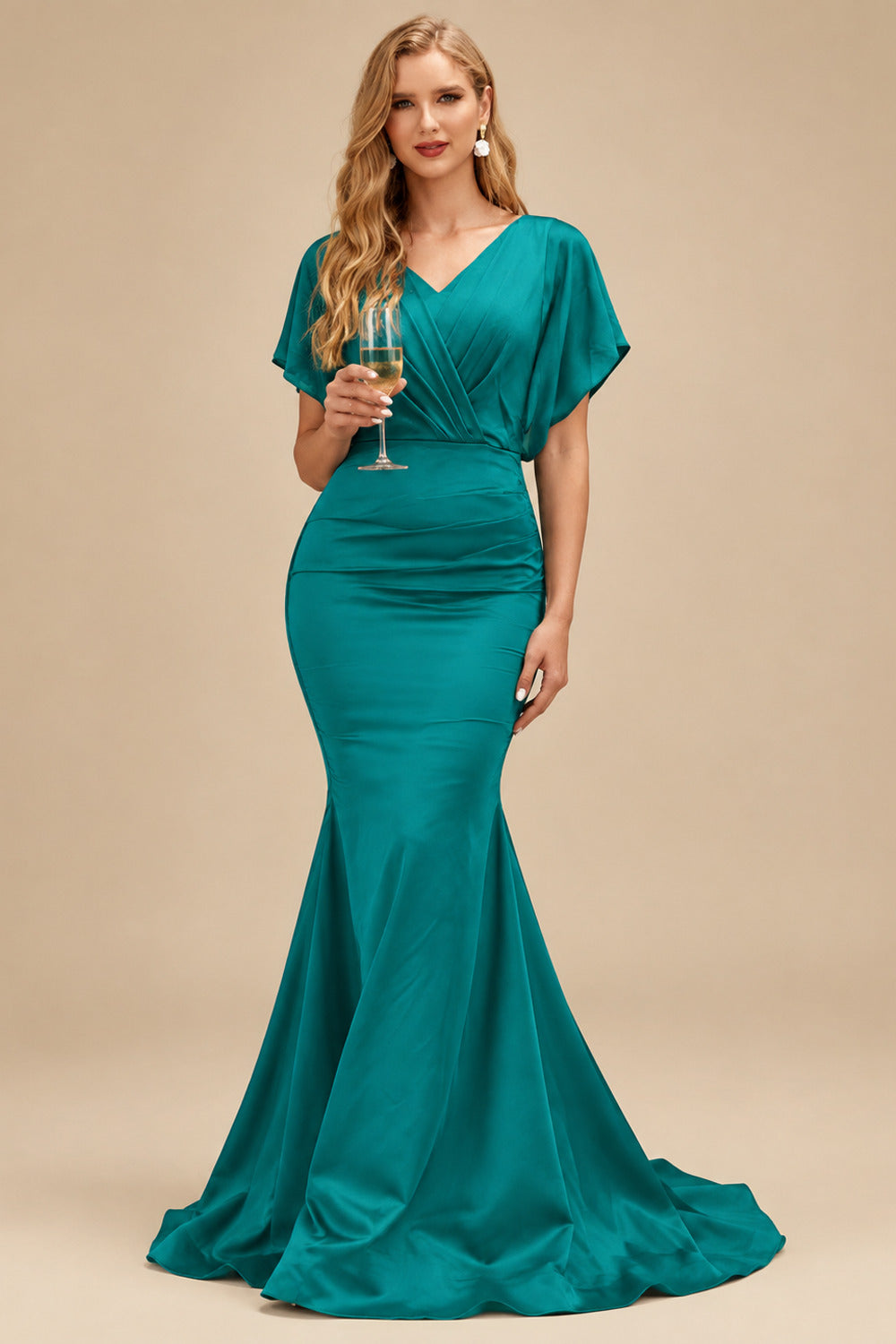 Rutipo Jade Trumpet/Mermaid V-Neck Sleeveless Floor-Length Matte Satin Bridesmaid Dresses