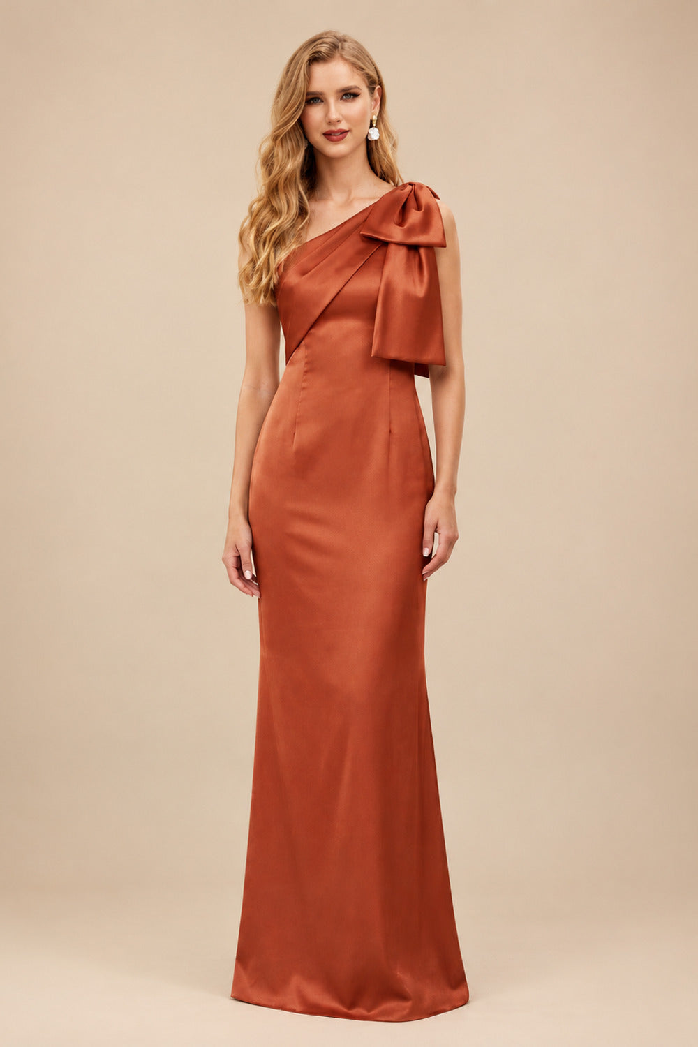 Rutipo Terracotta Sheath/Column One-Shoulder Satin Bridesmaid Dresses With Bow(s)