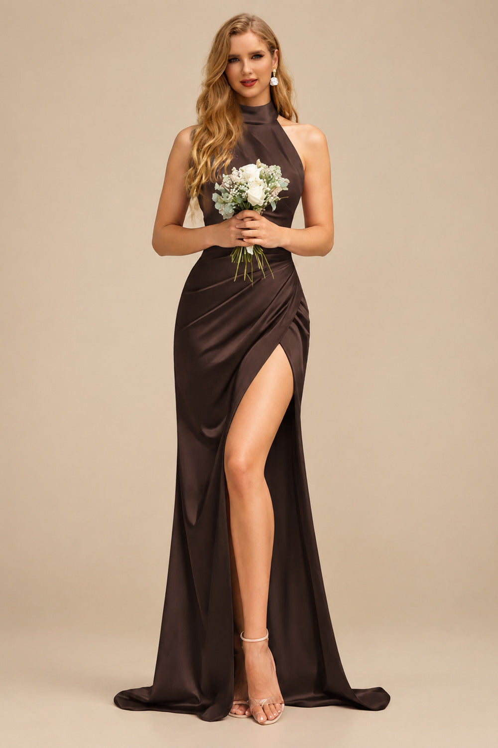 Rutipo Chocolate Sheath/Column Halter Charmeuse Bridesmaid Dresses With High Split