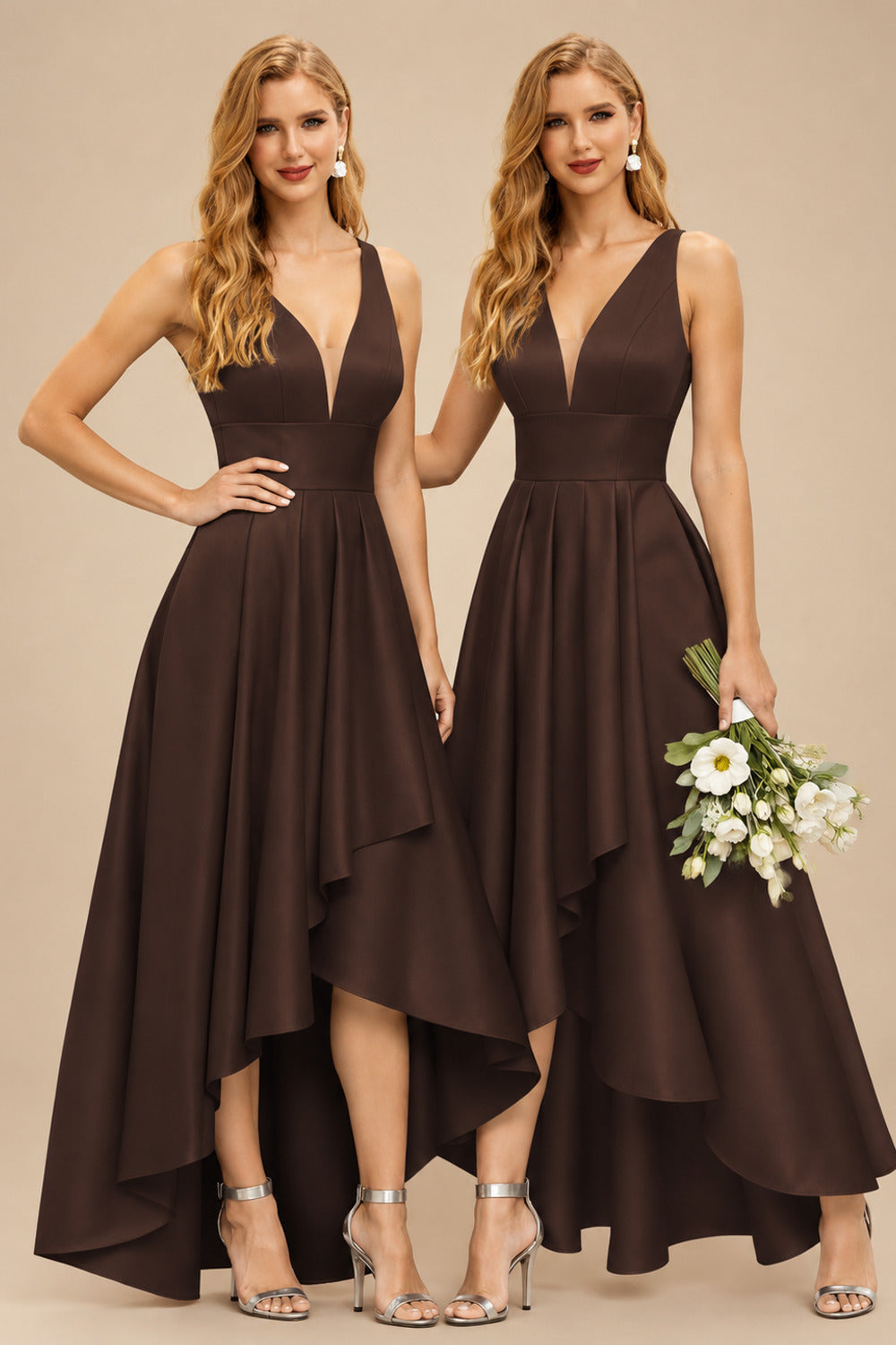 Rutipo Chocolate A-Line V-Neck Sleeveless Asymmetrical Satin Bridesmaid Dresses