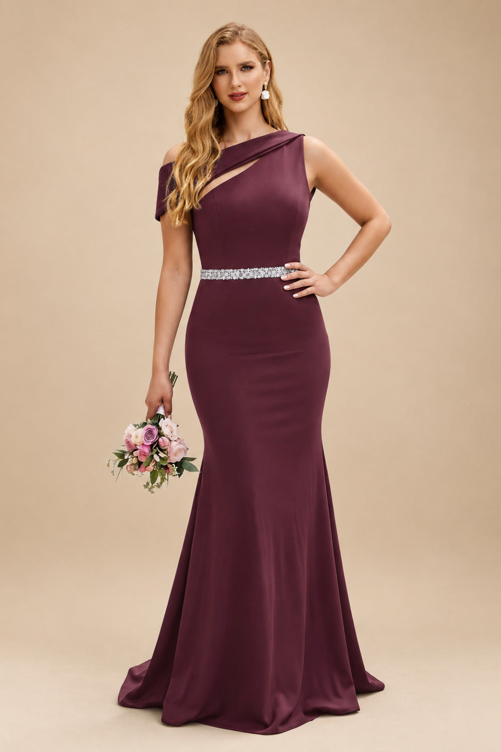 Rutipo Cabernet Sheath/Column Asymmetrical Sleeveless Sweep Train Bridesmaid Dresses