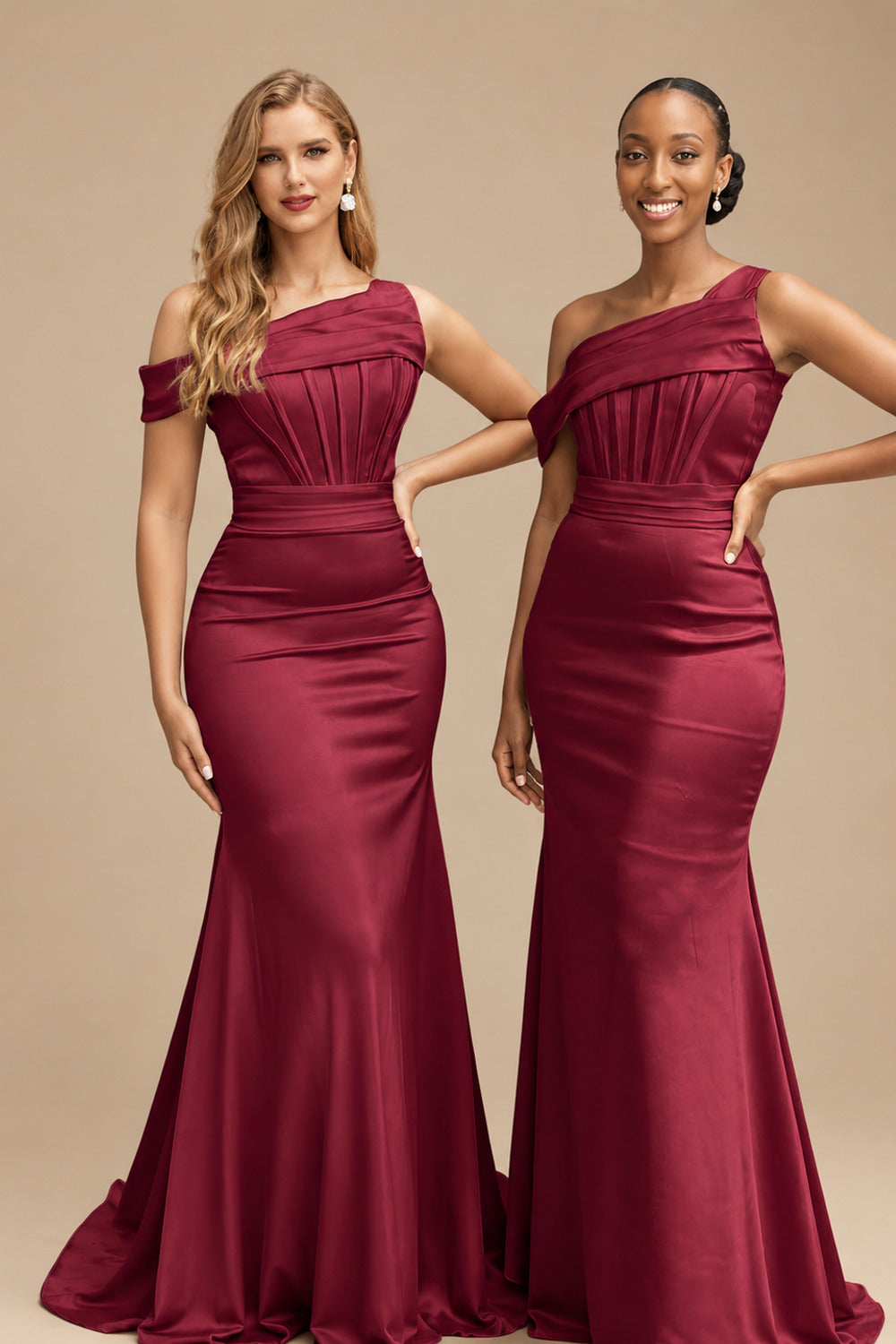Rutipo Burgundy Asymmetrical Sleeveless Sweep Train Satin Bridesmaid Dresses