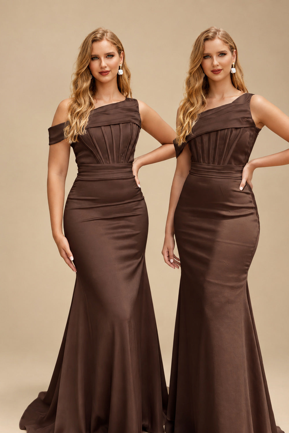 Rutipo Chocolate Asymmetrical Sleeveless Sweep Train Satin Bridesmaid Dresses