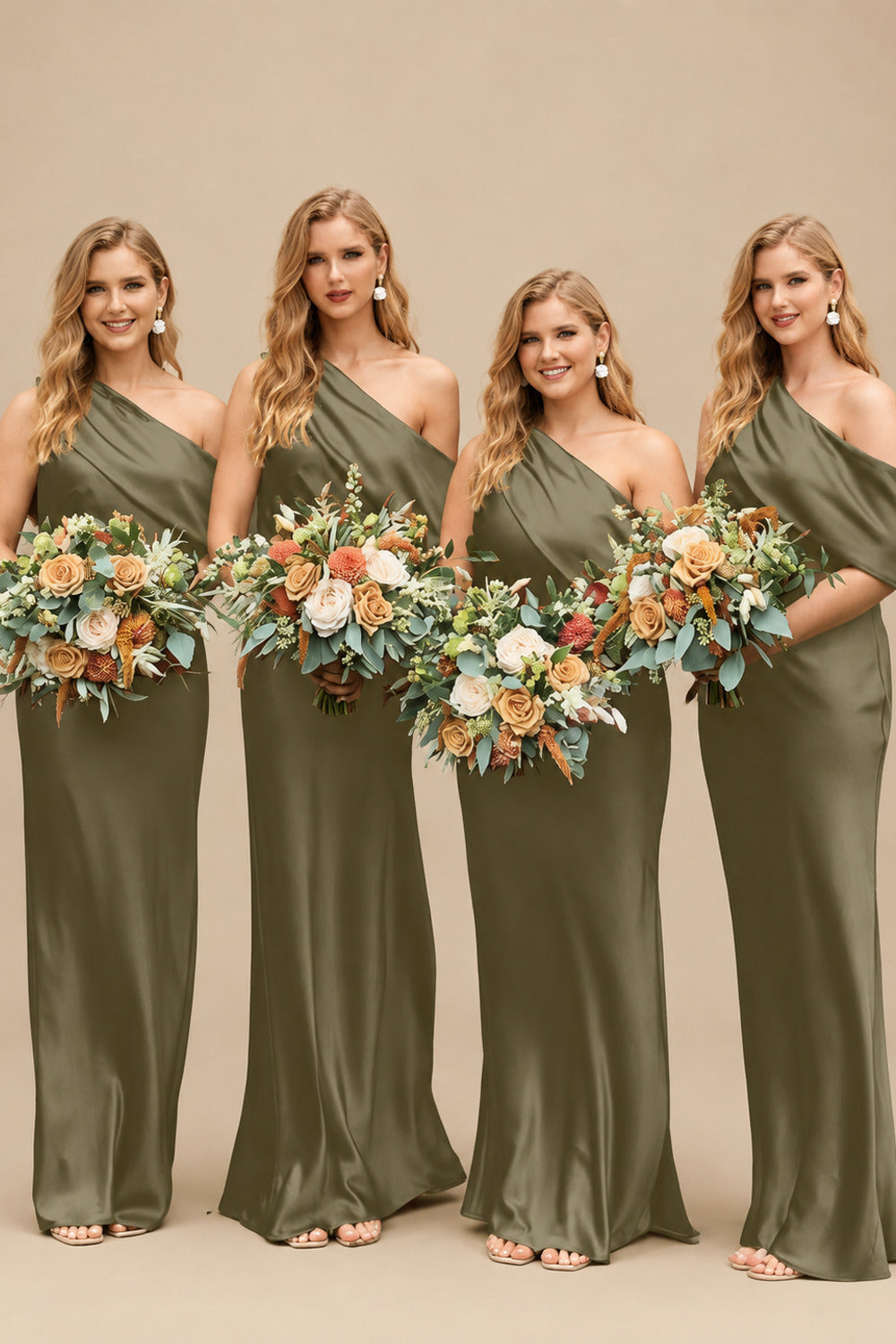 Rutipo Olive Green Sheath/Column Asymmetrical Sleeveless Floor-Length Bridesmaid Dresses