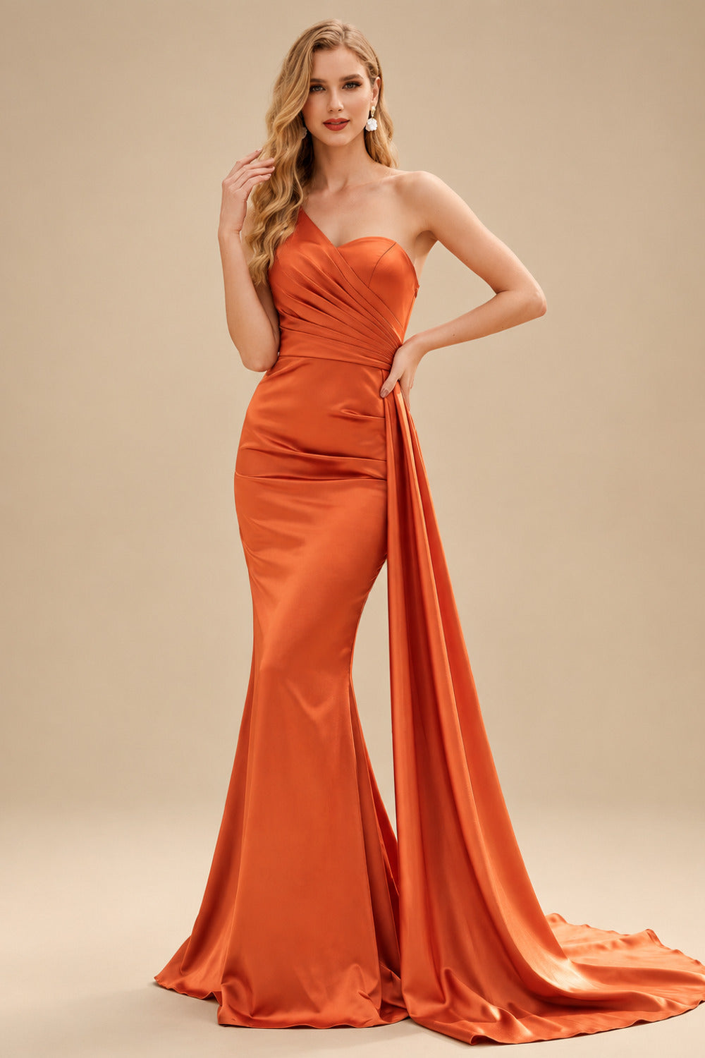 Rutipo Burnt Orange Sheath/Column One-Shoulder Sleeveless Silk Like Satin Bridesmaid Dresses