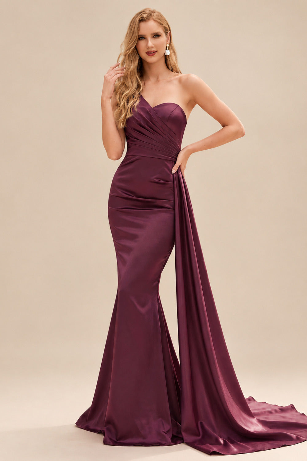 Rutipo Cabernet Sheath/Column One-Shoulder Sleeveless Silk Like Satin Bridesmaid Dresses