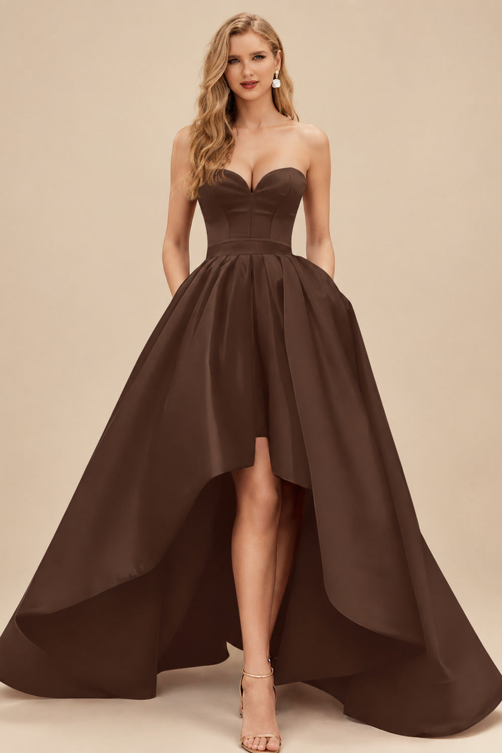 Rutipo Chocolate Ball-Gown/Princess Sleeveless Strapless Satin Asymmetrical Bridesmaid Dresses