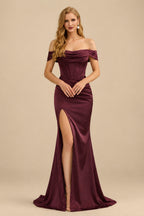 Rutipo Cabernet Sheath/Column Off-The-Shoulder Sleeveless Satin Bridesmaid Dresses With Ruffle/Split Front