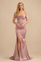 Rutipo Dusty Rose Sheath/Column Off-The-Shoulder Sleeveless Satin Bridesmaid Dresses With Ruffle/Split Front