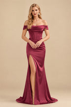 Rutipo Mulberry Sheath/Column Off-The-Shoulder Sleeveless Satin Bridesmaid Dresses With Ruffle/Split Front