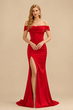 Rutipo Red Sheath/Column Off-The-Shoulder Sleeveless Satin Bridesmaid Dresses With Ruffle/Split Front
