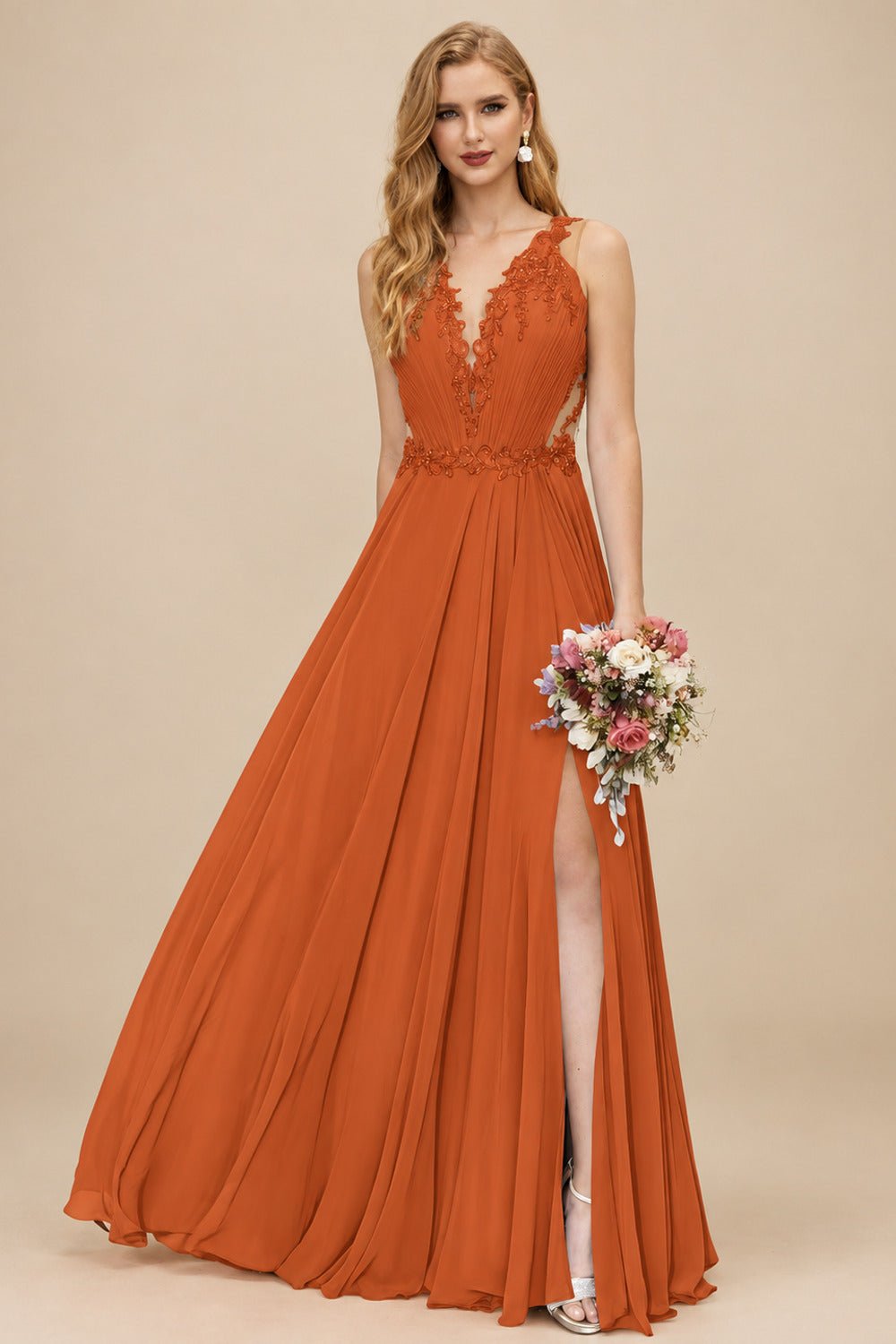Rutipo Burnt Orange A-Line V-Neck Sleeveless Chiffon Bridesmaid Dresses With Lace/High Split