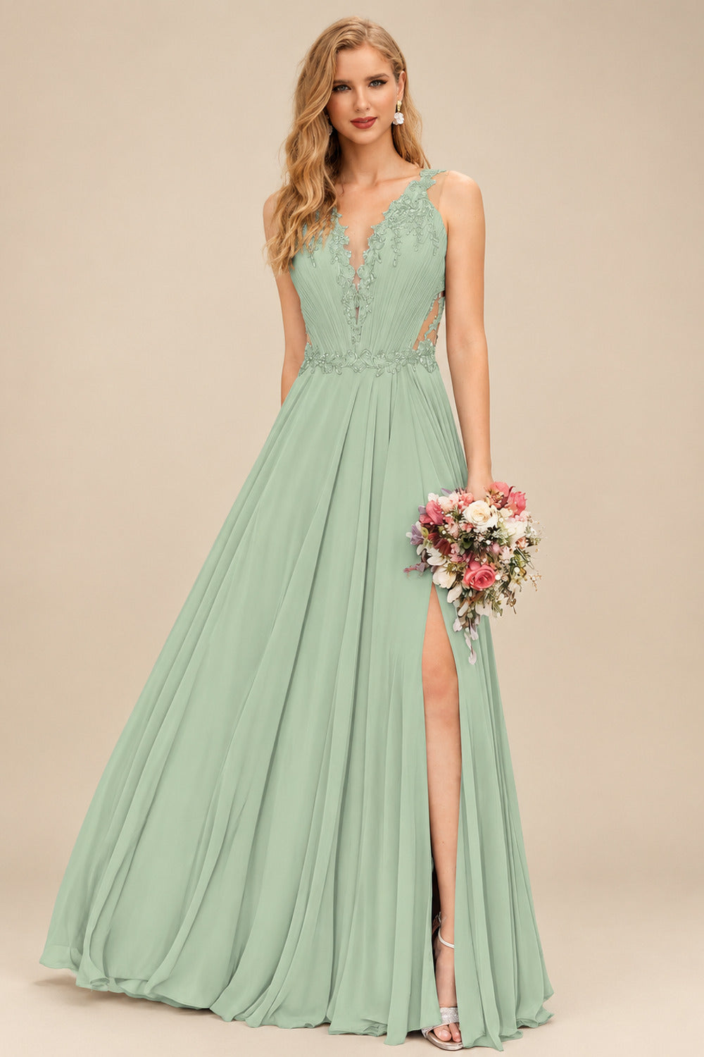 Rutipo Celadon A-Line V-Neck Sleeveless Chiffon Bridesmaid Dresses With Lace/High Split