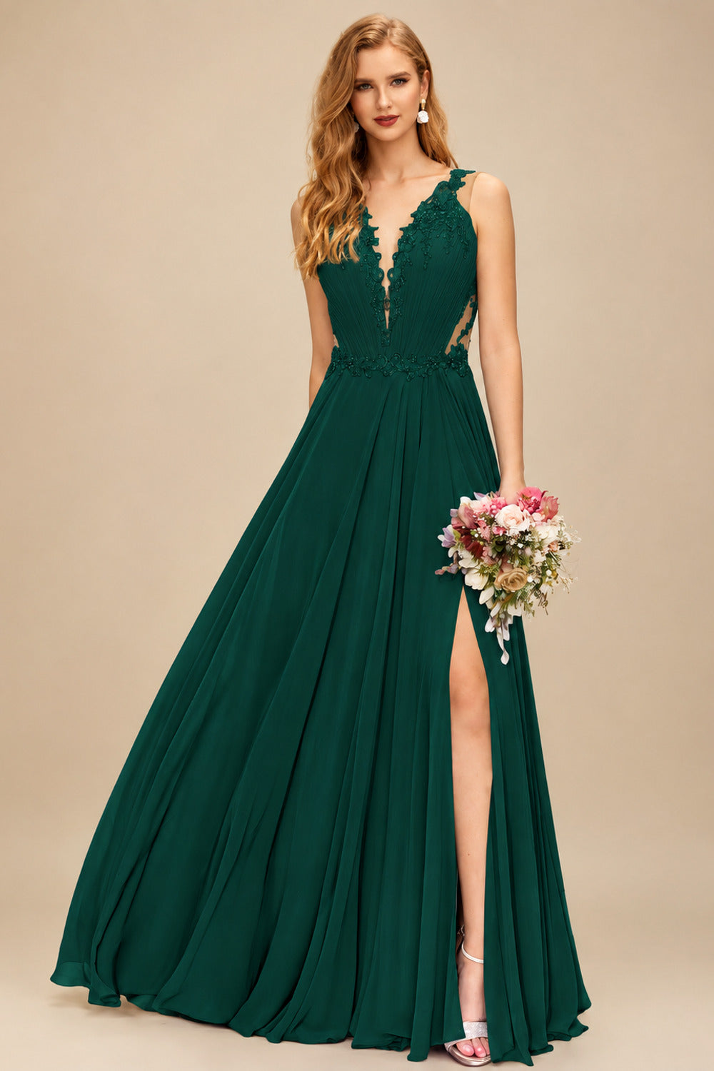 Rutipo Dark Green A-Line V-Neck Sleeveless Chiffon Bridesmaid Dresses With Lace/High Split